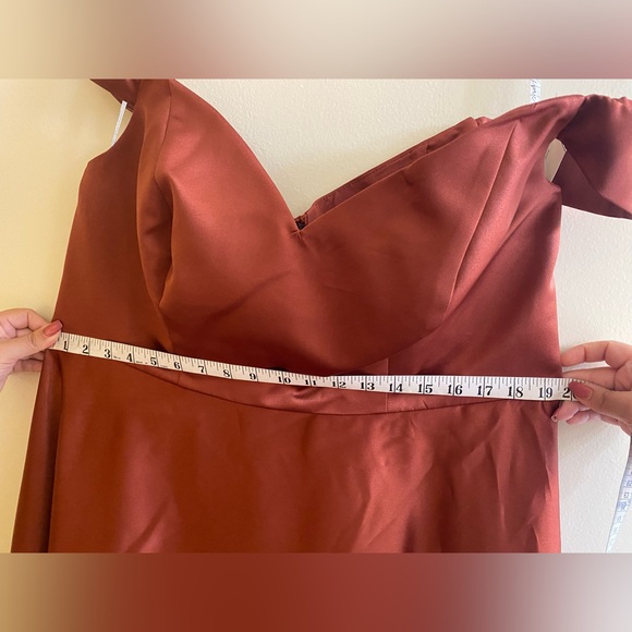 Off-Shoulder Cinnamon / Rust Satin A-Line Dress - Picture 6 of 9